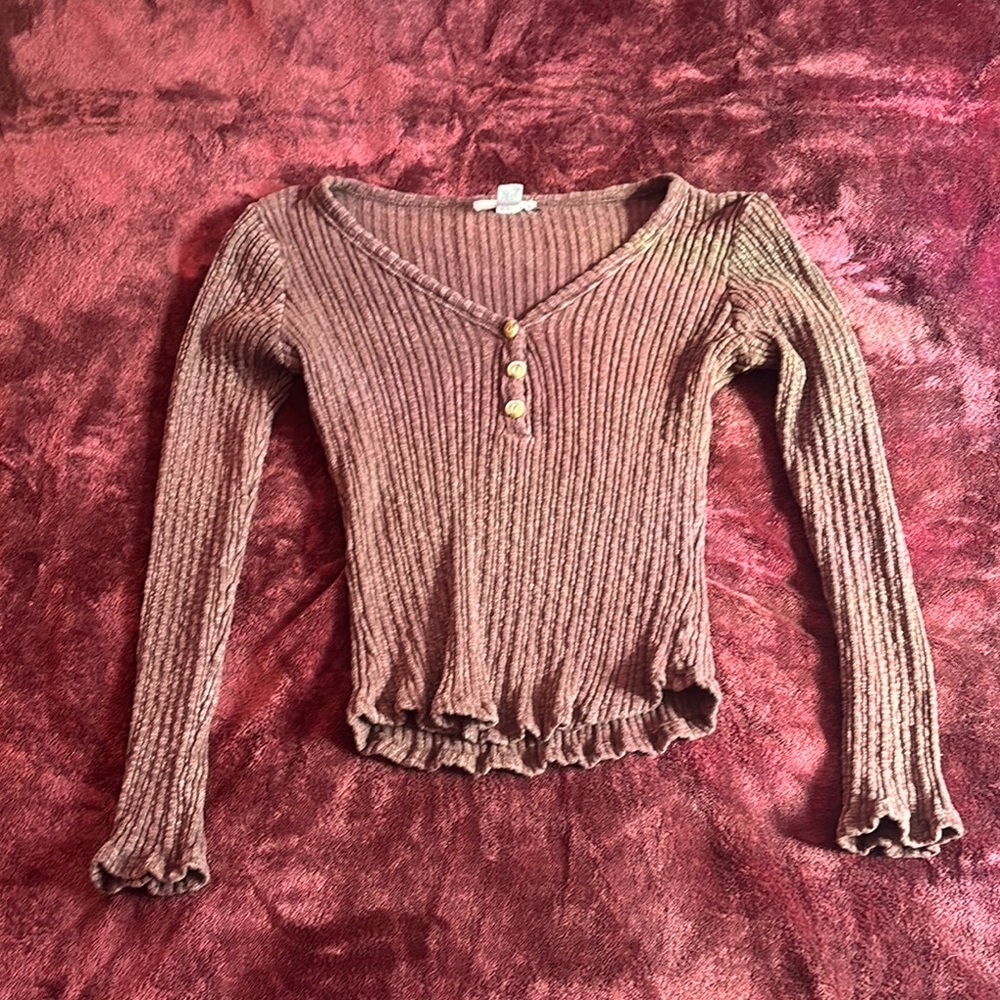 Brown Ribbed Long Sleeve Top